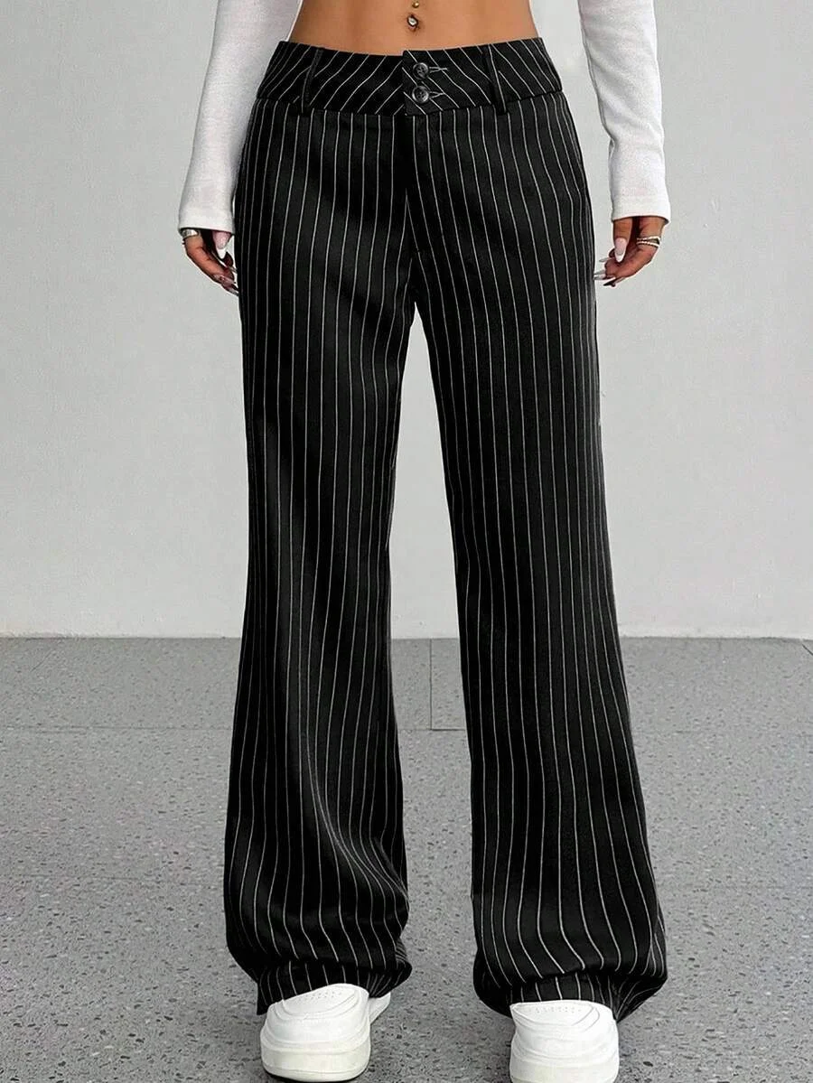 Ladies Striped Loose Long Suit Pants 2026 New Mid Rise Straight Wide Leg Pants Women Office Commuter Daily Casual Trousers