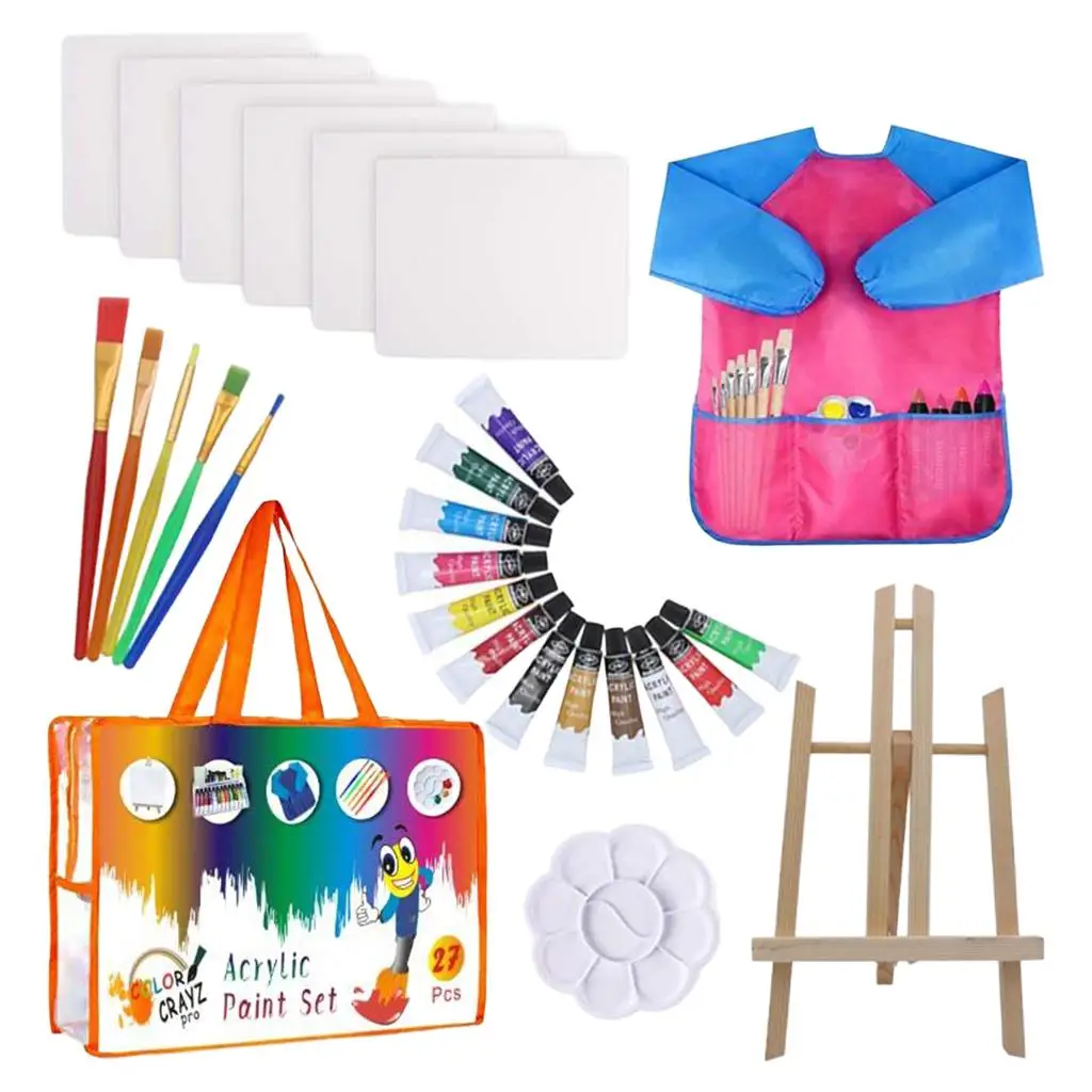 27pcs Acrylic Painting Kit, 12 Non Washable , 1 Wood Easel, 6 Pre-Stencil