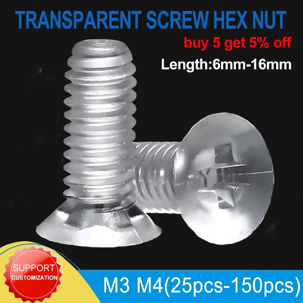 25/35/55/150pcs Hex Nut Transparent Screw Flat Phillips Cross Head Bolt Acrylic Clear Plastic Nylon Screws Nuts M3 M4