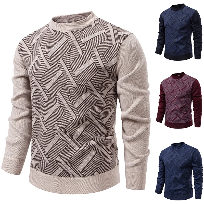 Vintage Woven Stripe Men Crew Neck Jumper Textured Knitting Stretch Rib Trim Everyday Outdoor Wear Pullover Sweater