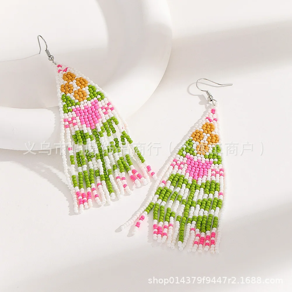 Beaded earrings Tassel Flowers Geometry Design Originality Hand knitting Bohemia Alloy Tide Simple Rice bead earrings