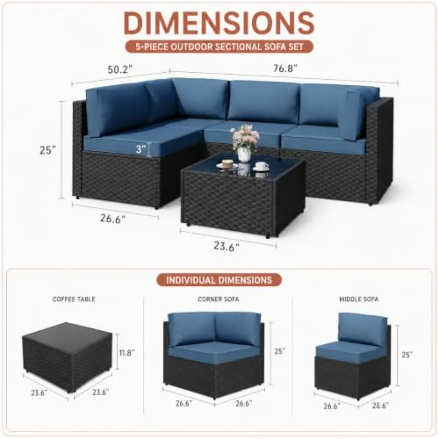 5-Piece Patio Furniture Set for Backyard Garden Poolside: All-Weather PE Rattan, Aegean Blue, 4-Inch Thick Cushions