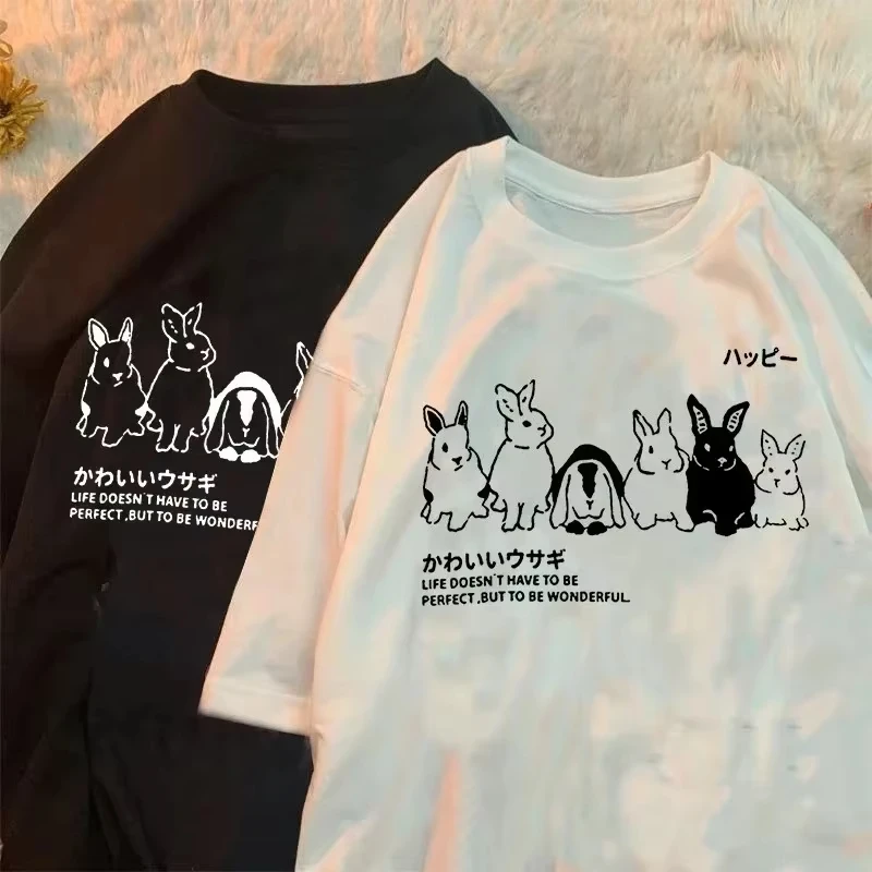 Japanese Cute Rabbit Pattern Women Summer Short Sleeve Shirt Summer Casual Streetwear Lady Clothes Harajuku Oversized T Shirt