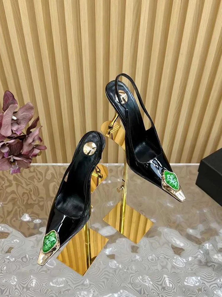 New Spring and Summer Women's High Heels High-end Metal Square Head Patent Leather Stiletto Comfortable Back Sandals