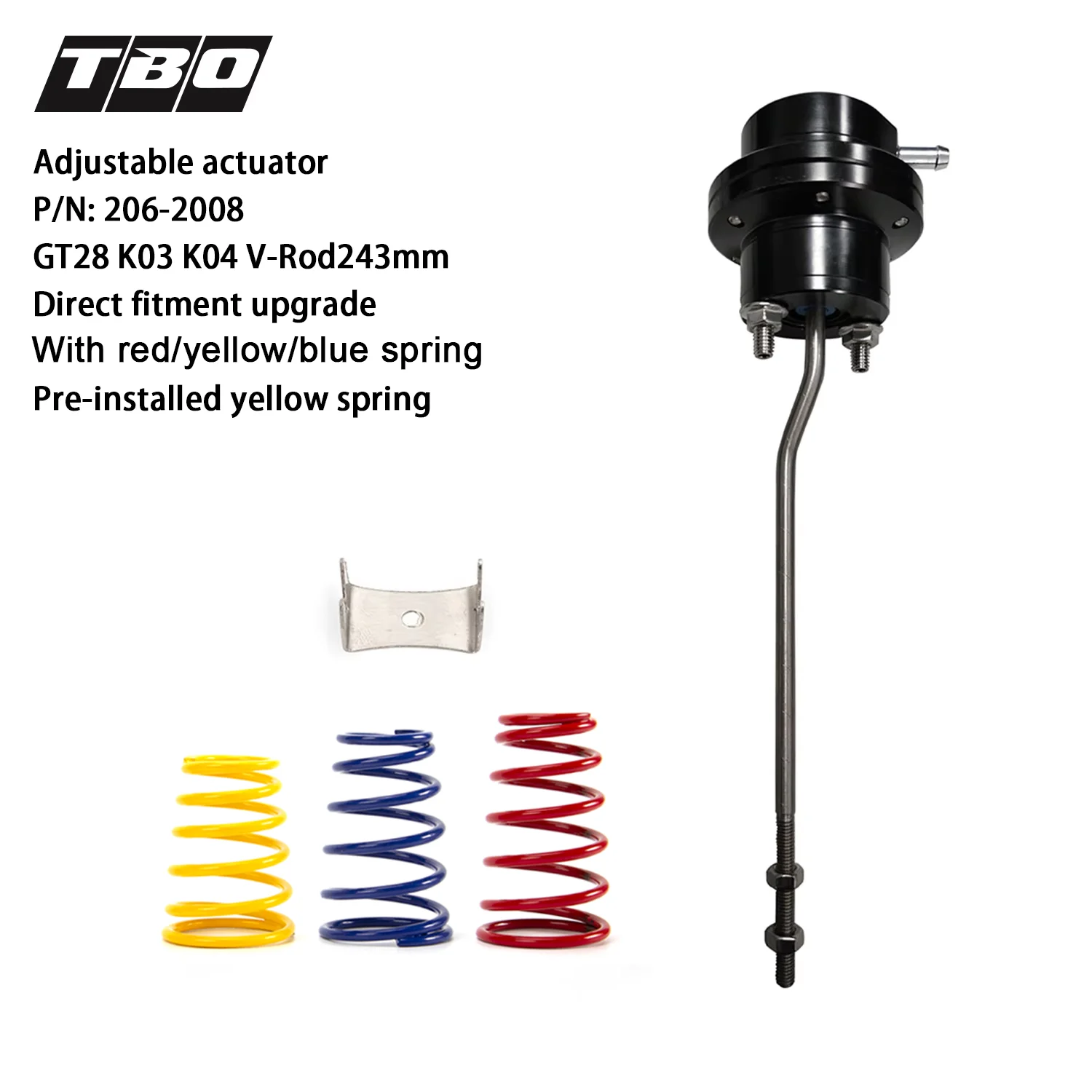 

Turbo Wastegate Adjustable Actuator V-Rod243mm For GT28 K03 K04 Turbo Direct Fitment With Green/Yellow/Blue Spring