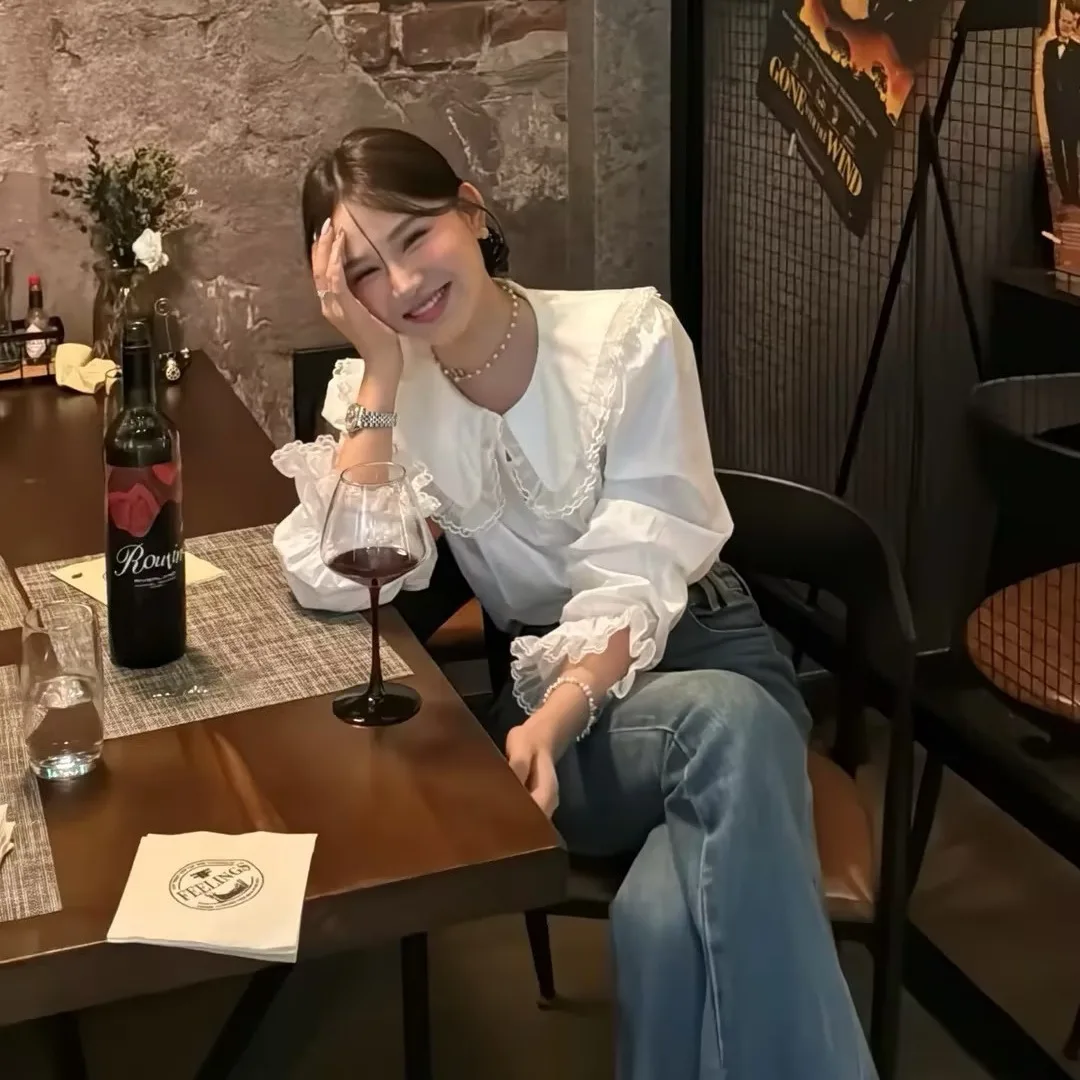 

Lace Puff Long-Sleeved Slim-Fit Buttoned Top Shirt Solid White Elegant Daily Solid Color