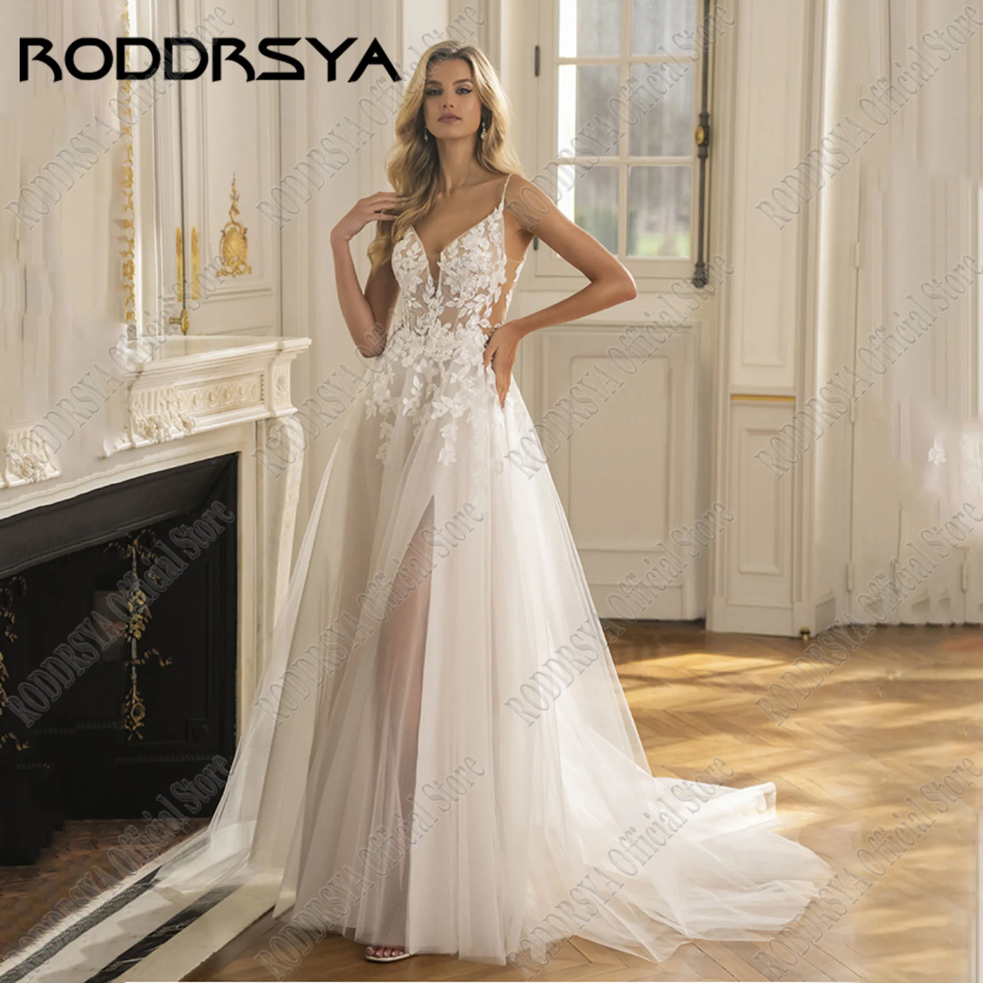 

RODDRSYA Customized Spaghetti Straps Deep V Neck Glitter Wedding Dresses 2025 Applique Side Split Backless Bride Bridal Gown