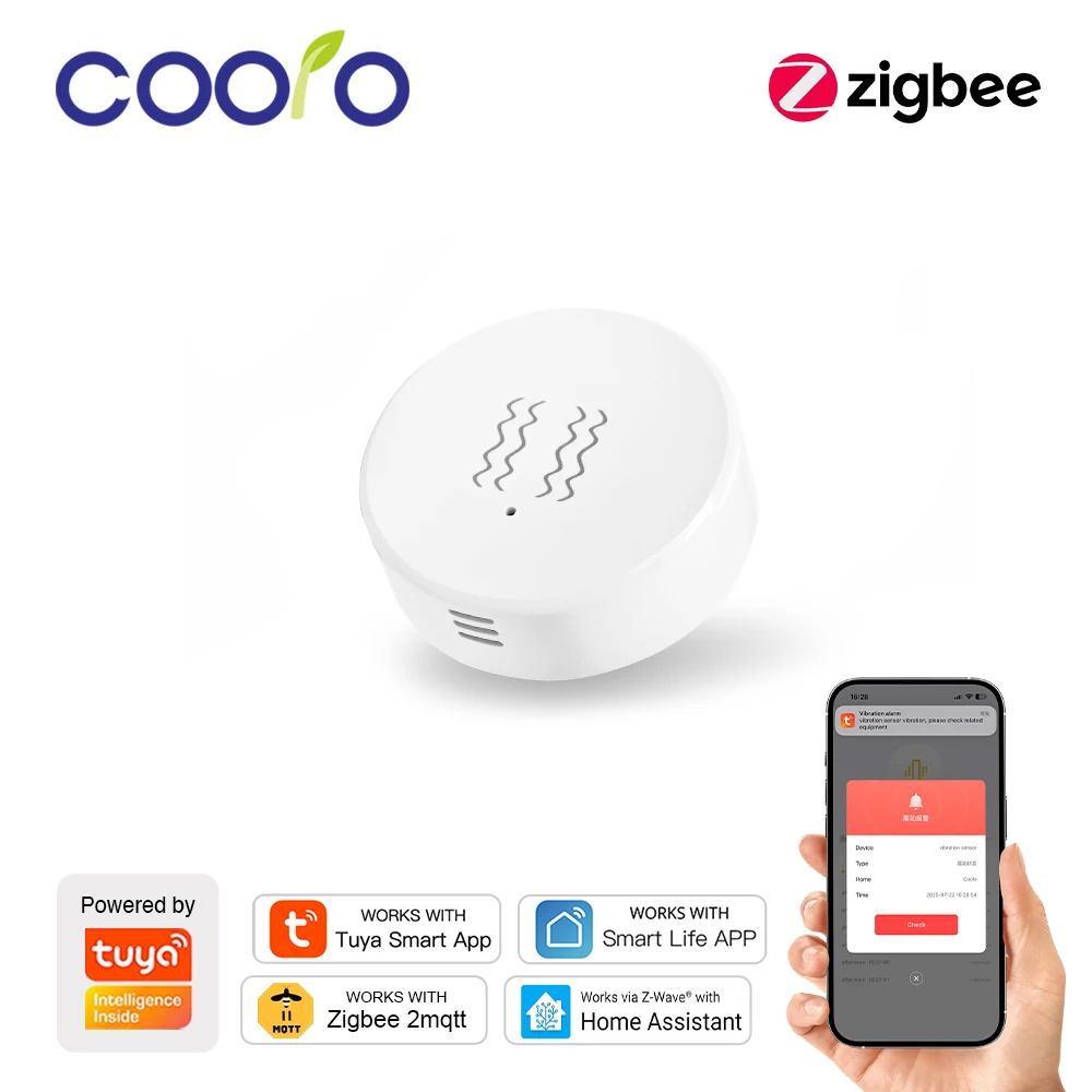 Czujnik wibracji Tuya Zigbee, detektor uszkodzenia szyb w drzwiach i oknach, alarm antykradzieżowy, współpracuje z aplikacją Smart Life, wymaga huba.