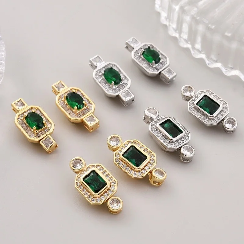 1pcs 18K Gold Plated Ingot Green Zircon Connector Bras Metal Pearl Buckle Fastening Lock Accessories DIY Necklace Jewelry Making