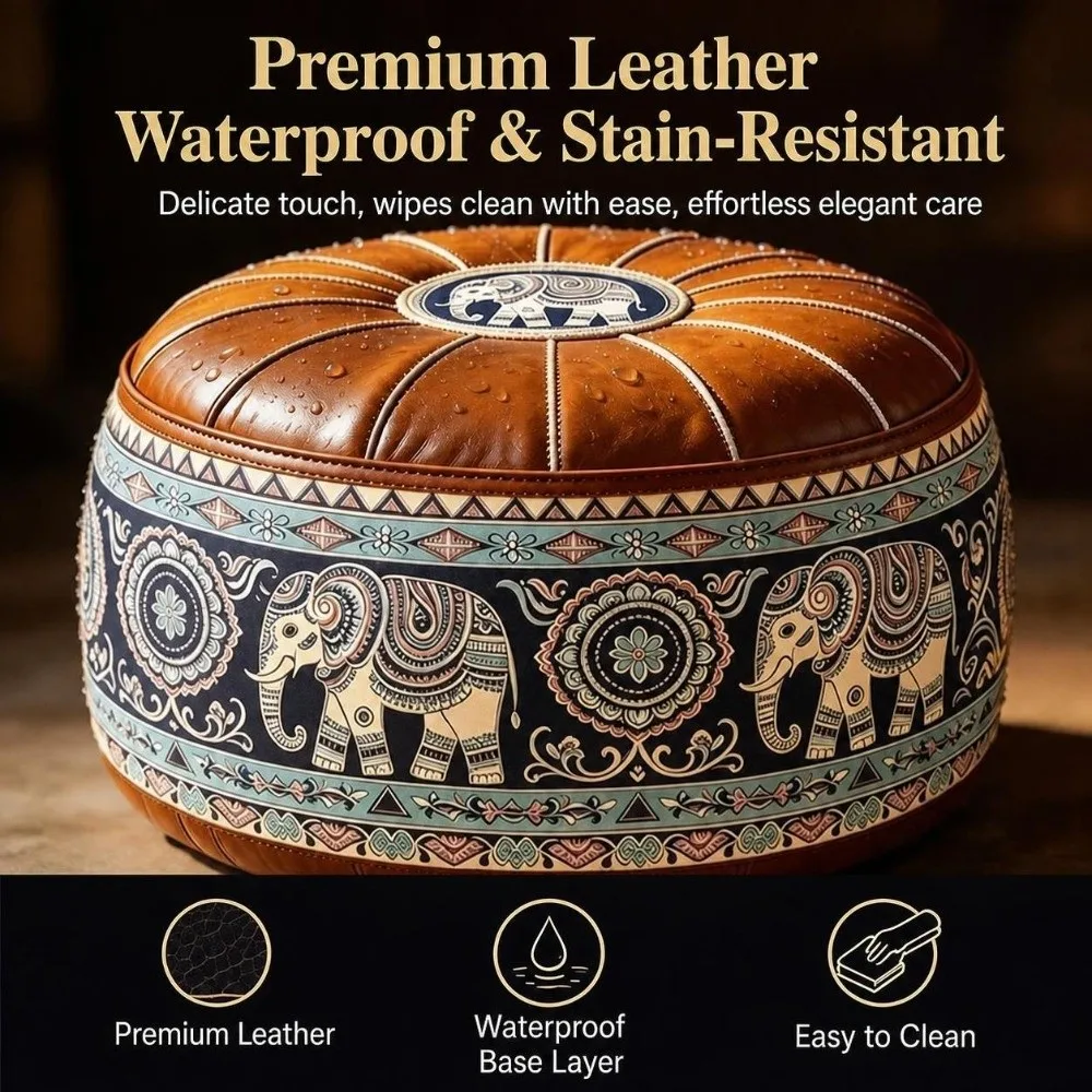 New PU Leather Fillable Ottoman Pouf Embroidered Pattern Round Shape Round Pouf Cover Moroccan Style Storage Ottoman Living Room