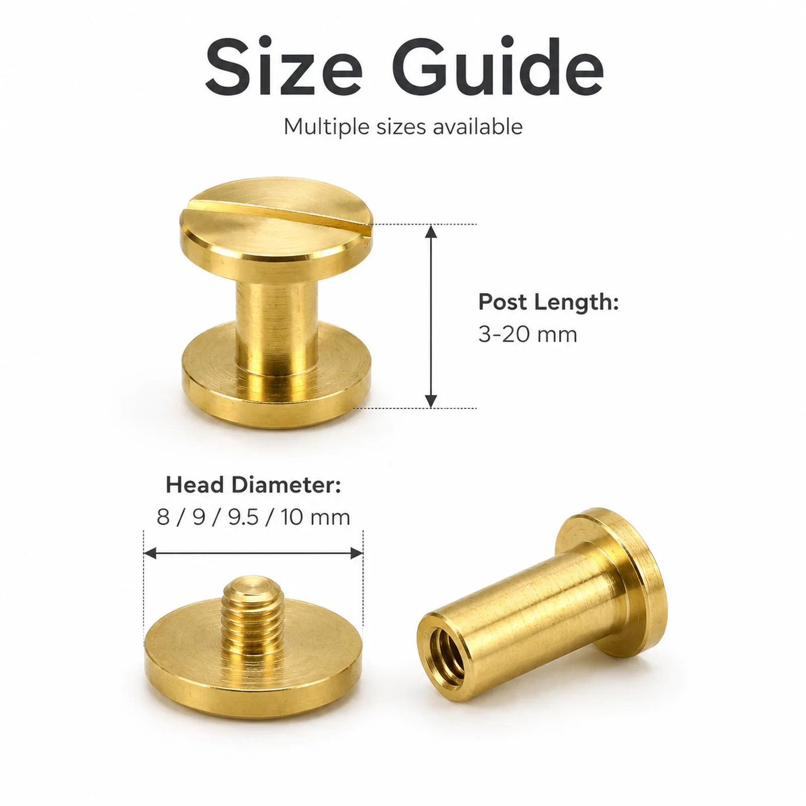 10-50Pcs Solids Brass Chicago Screws 8/10mm, Binding Post Screws Rivets 3-20mm for Leather Belt Bag DIY Craft Fasteners