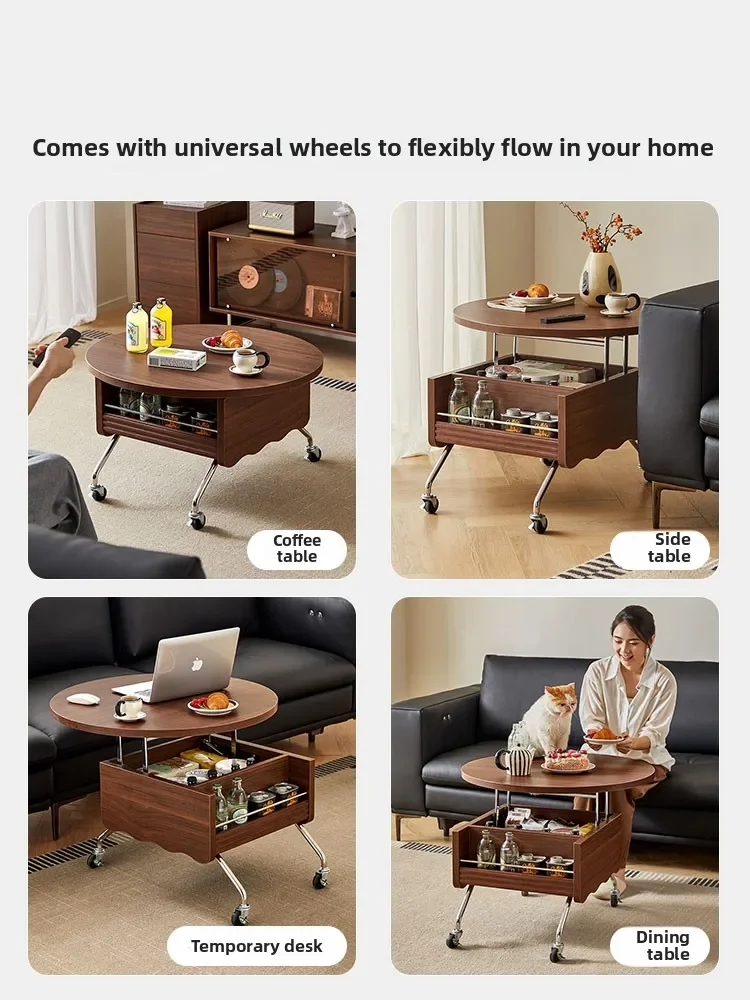 Lin's Home Lifting Mobile Coffee Table Living Room 2025 New Light Luxury Premium Dining Table Dual-Purpose Wood Industry