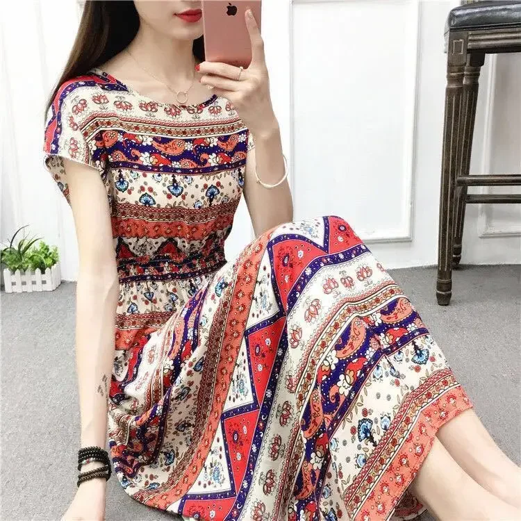 Summer Floral Dress Large Size Printted WaistMedium-Length Skirt Woman Dress Vestido De Mujer Femme Robe