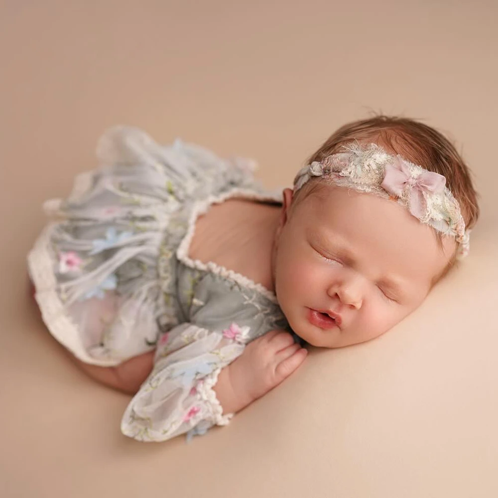 Newborn Photography Outfit Girl Floral Lace Tutu Romper Baby Photo Shoot Dress Infant Princess Long Sleeve Clothes