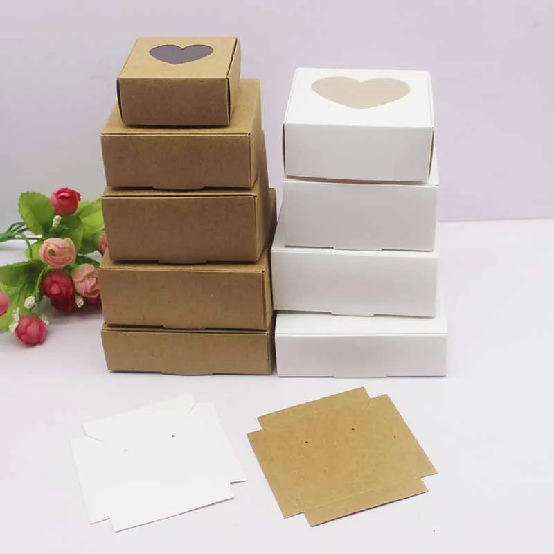 50Pcs Multi Sizes Kraft Paper Box With Heart Window Jewelry Display Cases Candy Small Gift Packaging Boxes For Party Decorations
