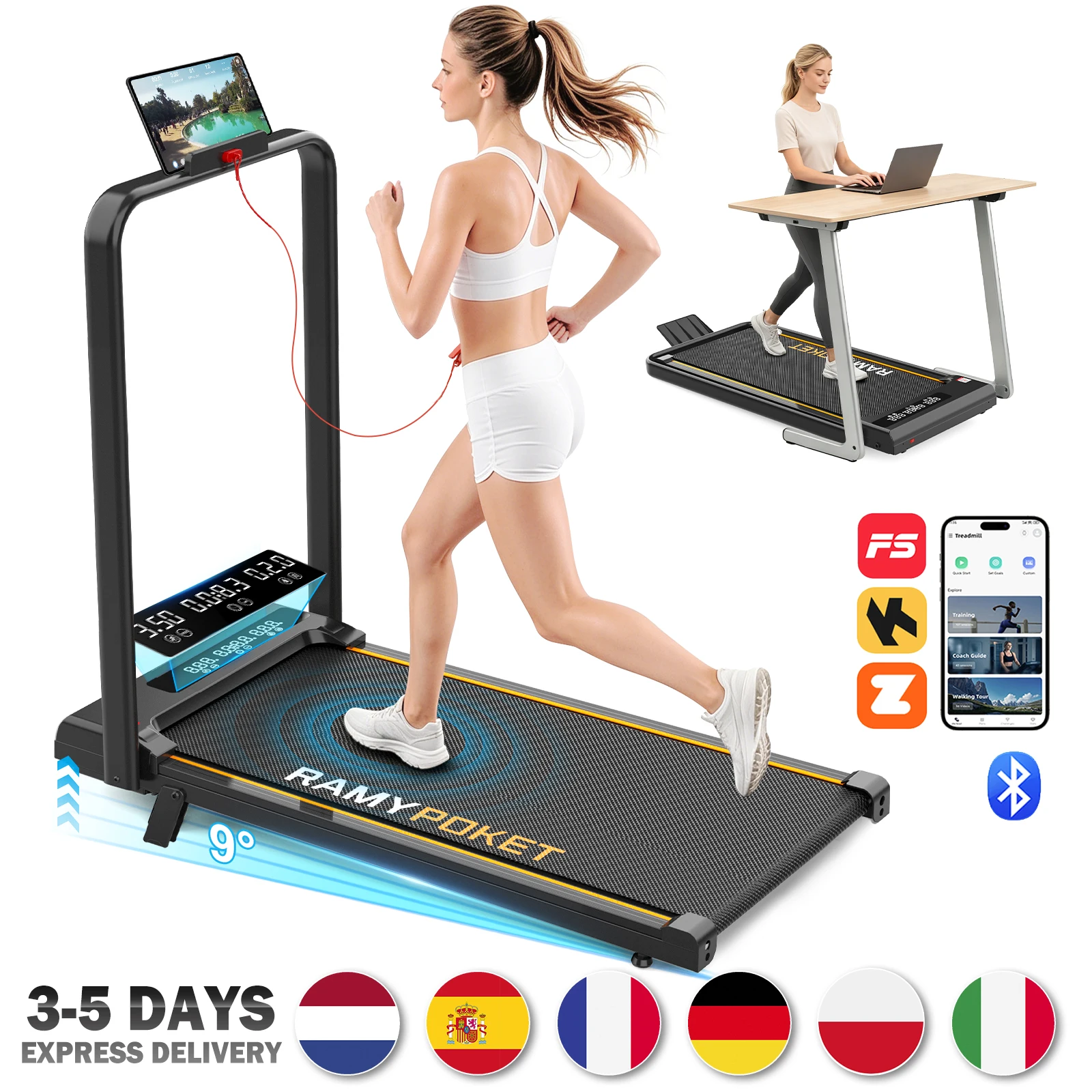 RAMYPOKET Tapis De Marche pliable Inclinable 9%,Treadmill 10km/h,App/LED,Tapis De Marche Bureau 150kg max charge