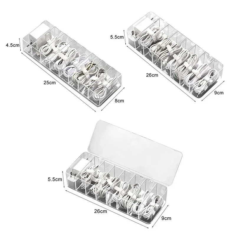 Caja de almacenamiento de cables de plástico transparente, contenedor de almacenamiento de línea de datos, papelería de escritorio, organizador de