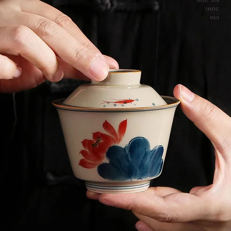 

gaiwan tureen ceramics Manual underglaze color hand-painted lotus simple wind tea single kungfu cover bowl pot tea cup wholesale