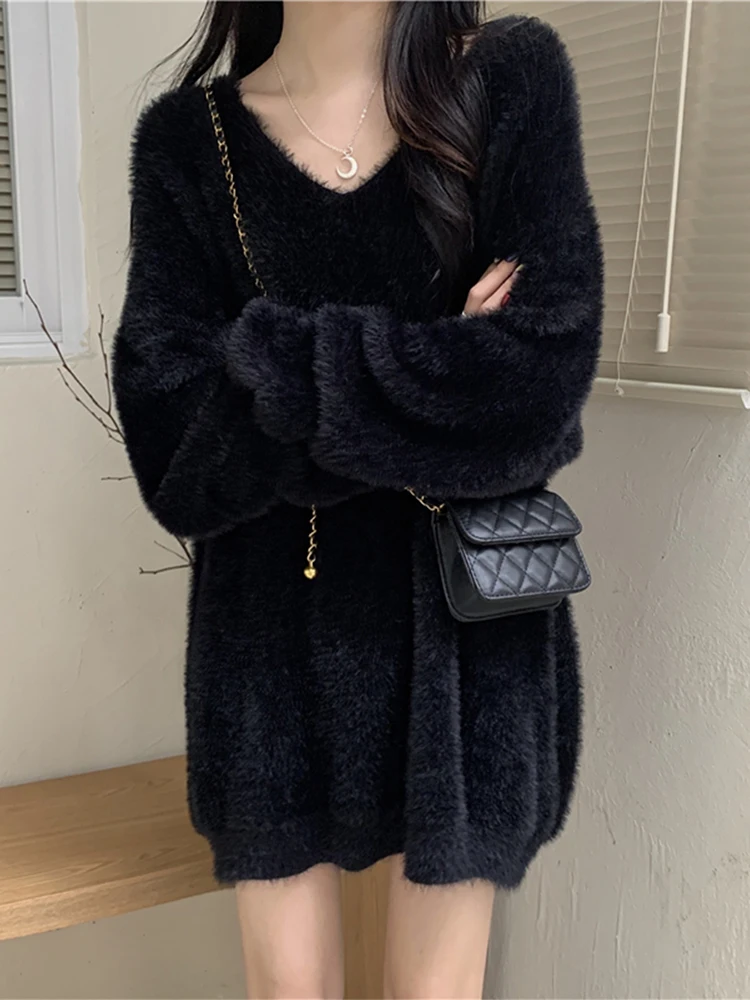 

2023 New Korean Sle Loose Lazy Soft V-Ne Knitwear Medium Length Sweater Slimming Trendy Top for Young Women Commute Sle