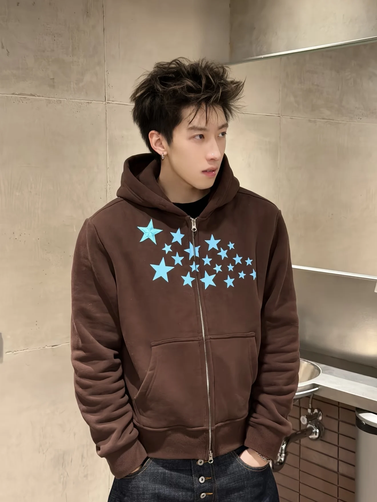 

American Sle Hooded Cardigan Sweatirt Men's Autumn Winter Casual ort Wide Versatile Commuting Zipper Jaet Star Emblem