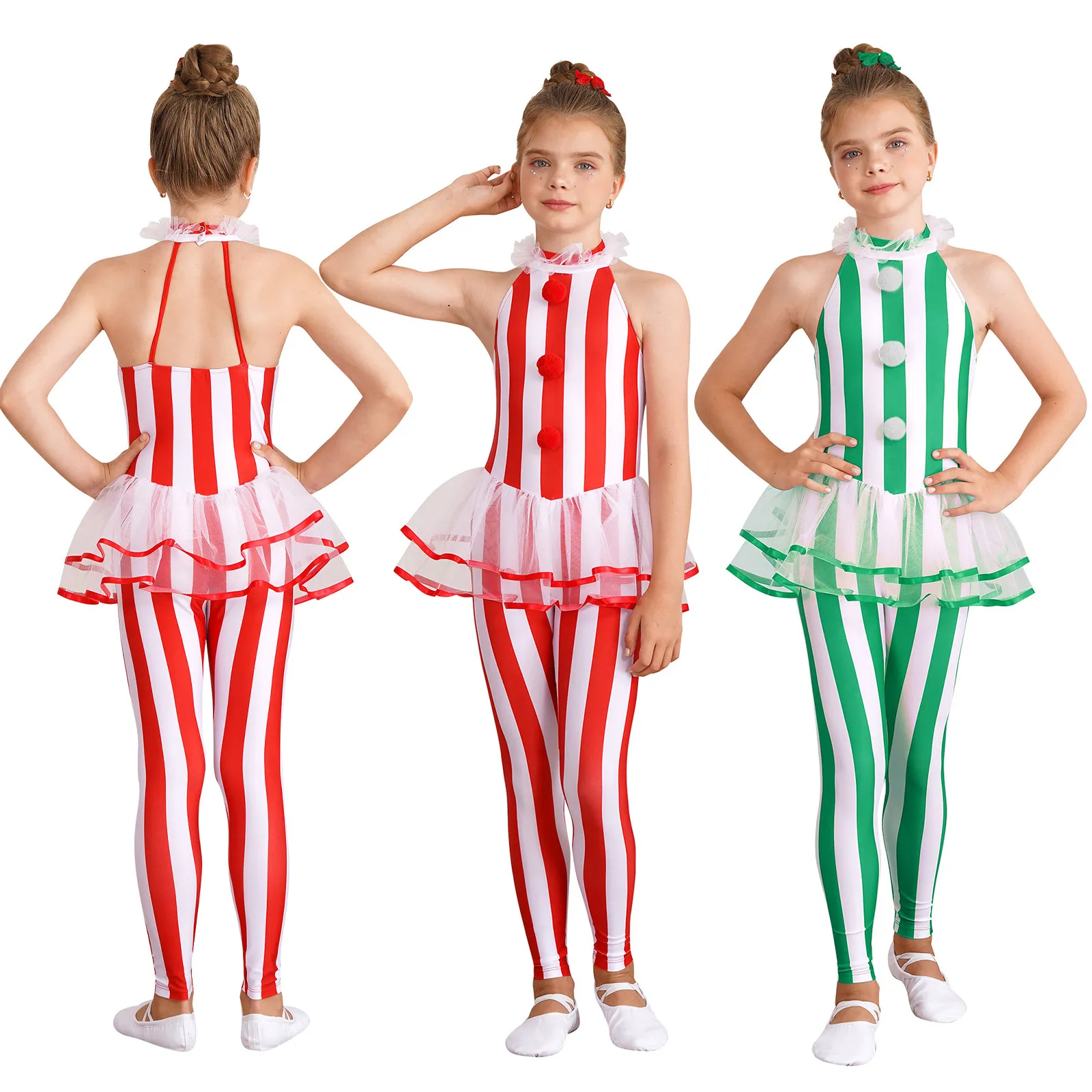 Kids Girls Candy Cane Christmas Dance Bodysuit Sleeveless Stripes Print Jumpsuit Skirted Unitard New Year Santa Circus Costume