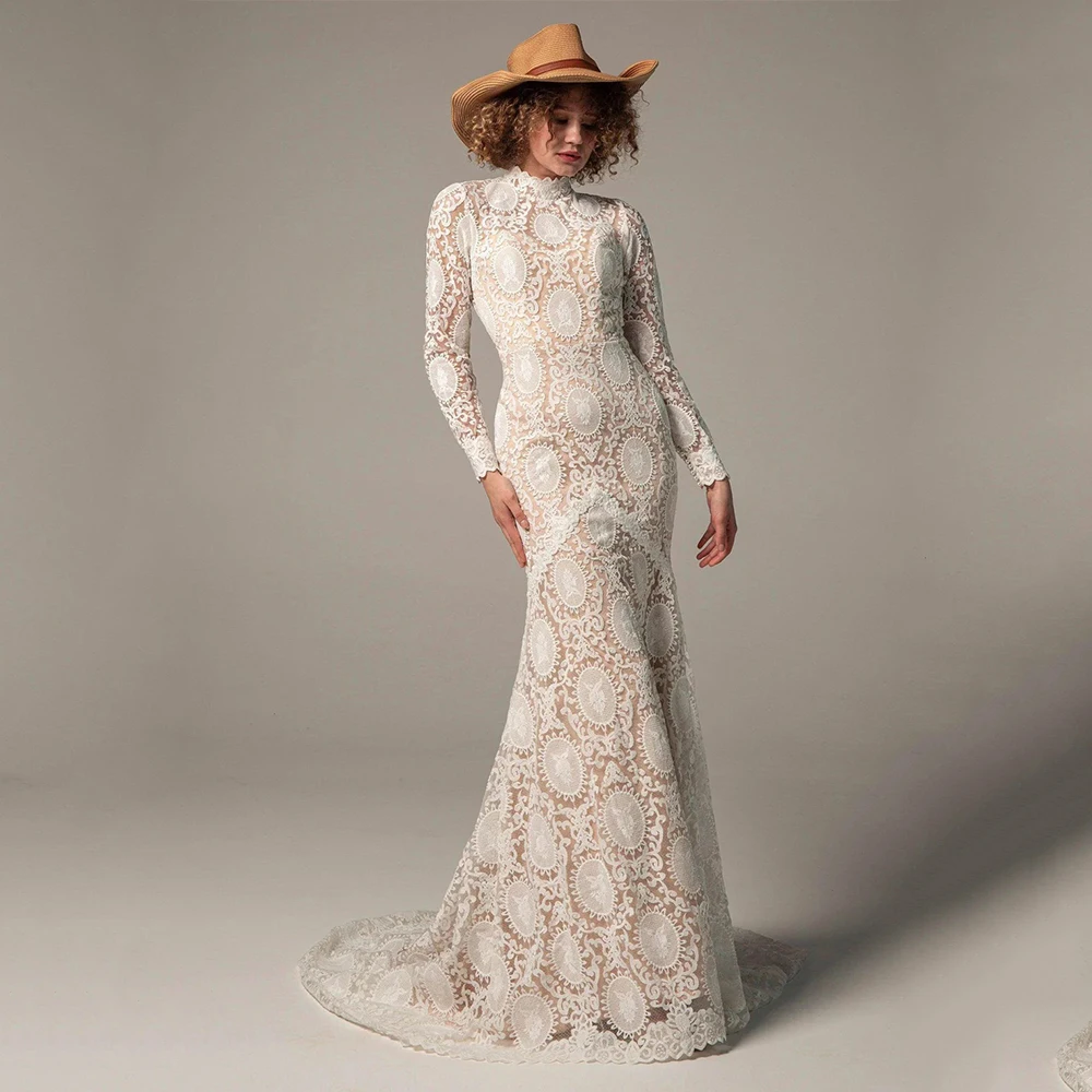 

Arya Elegant White Wedding Dress Lace for Floor-Length High Collar Backless Prom Dress Mermaid Robe De Soirée Customized