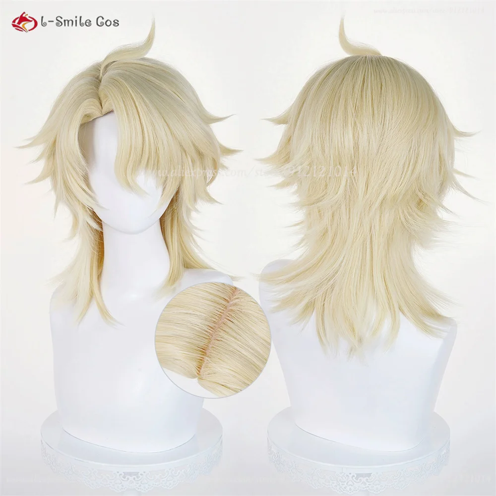 Varka Cosplay perruques 35 cm perruques dorées claires pour hommes Cosplay Anime perruque résistant à la chaleur cheveux synthétiques Halloween + bonnet de perruque