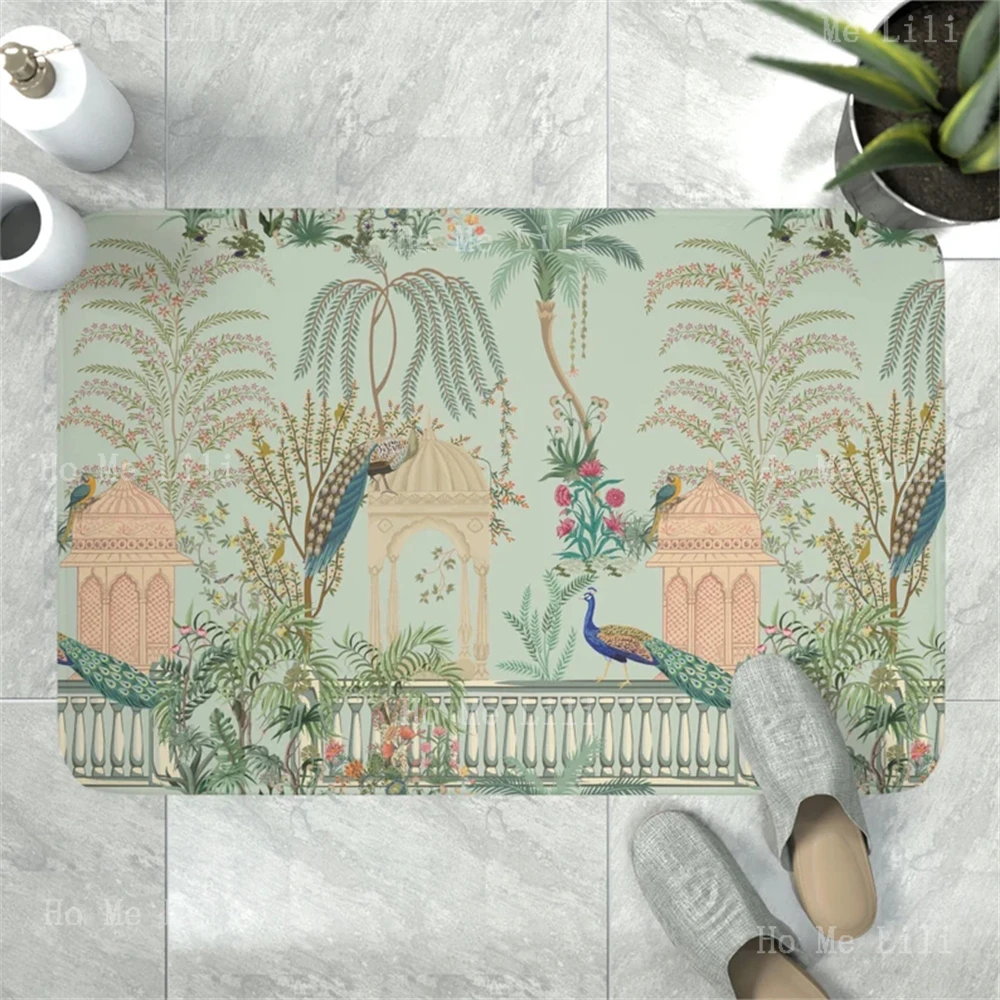 Lovely Peacocks Plants Birds Chinoiserie Garden Bathroom Rug Home Decor