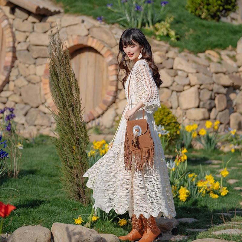 Gilet long amincissant pour femme, en maille ajourée à motif floral crocheté, coupe ample, en polyester, pour le printemps et l'automne...