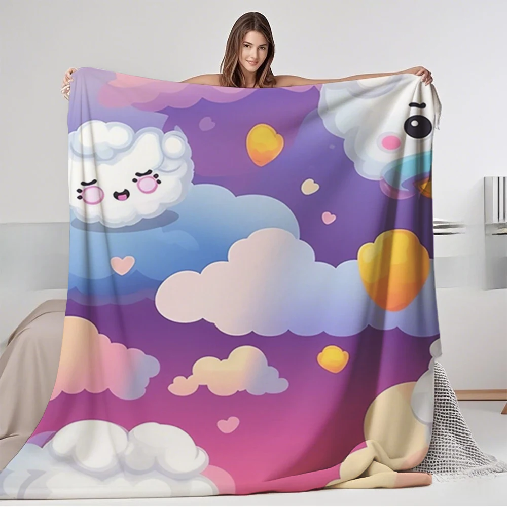 

Odor-resistant Flannel Blanket Kawaii Happy Clouds Pattern European Classical Design Quilt Comforter No-shedding Blankets