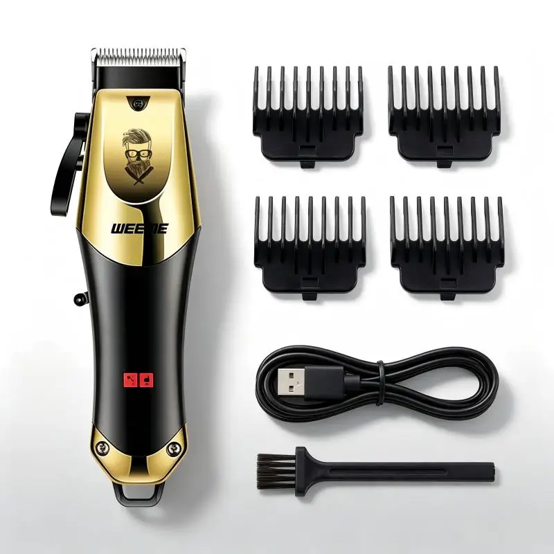 Rechargeable Electric Hair Clipper Gold Metallic Handle Barber Trimmer with Limit Combs Cleaning Brush Household Styling Tool