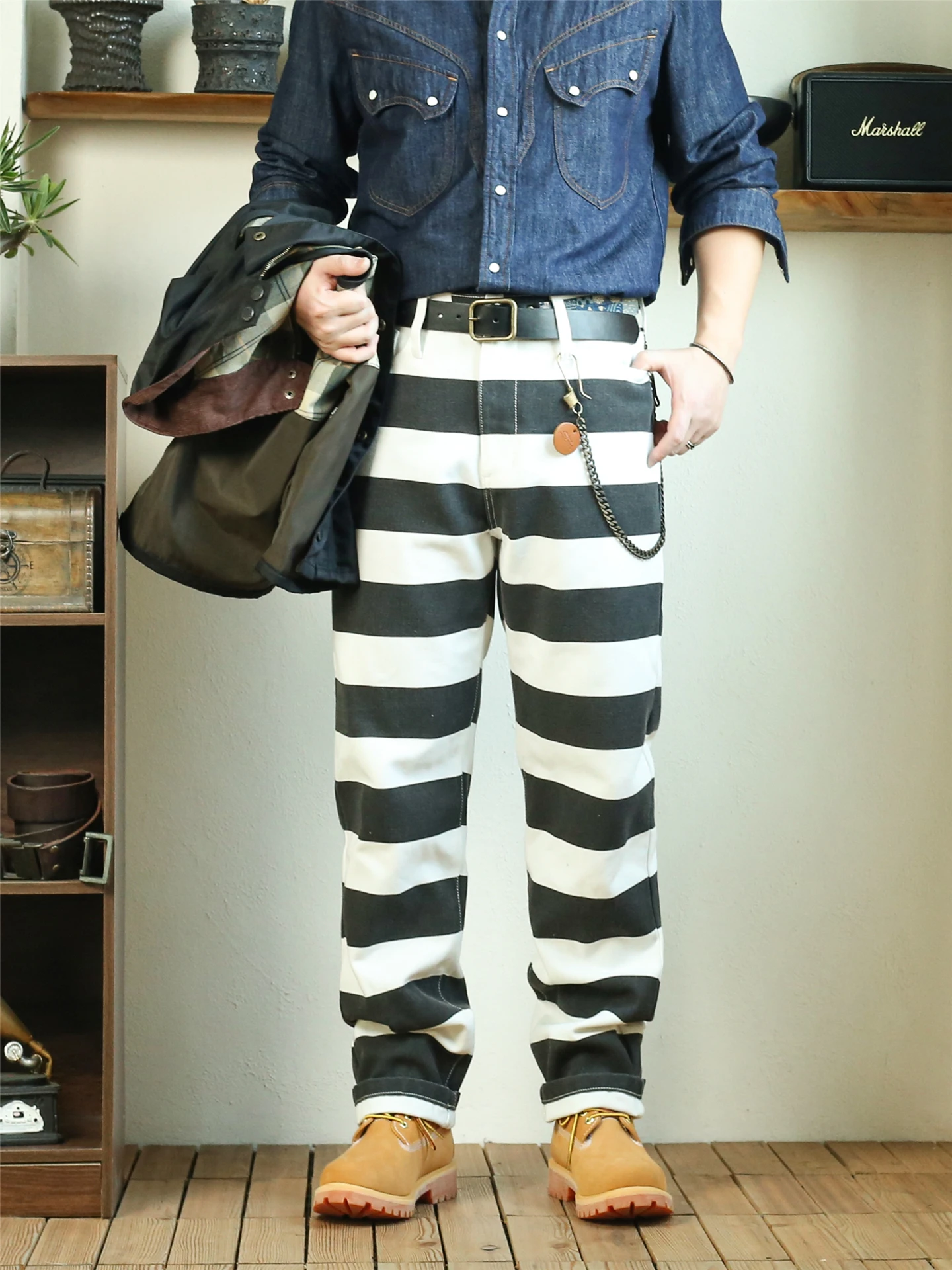 

Утепленные брюки из плотного канваса прямого кроя с черно-белыми полосками в американском ретро-стиле для мужчин, осень-зима
