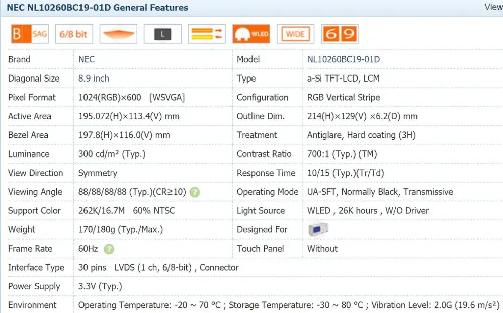 NL10260BC19-01D 8,9-дюймовый промышленный ЖК-дисплей, новый и оригинальный в наличии, протестирован перед отправкой