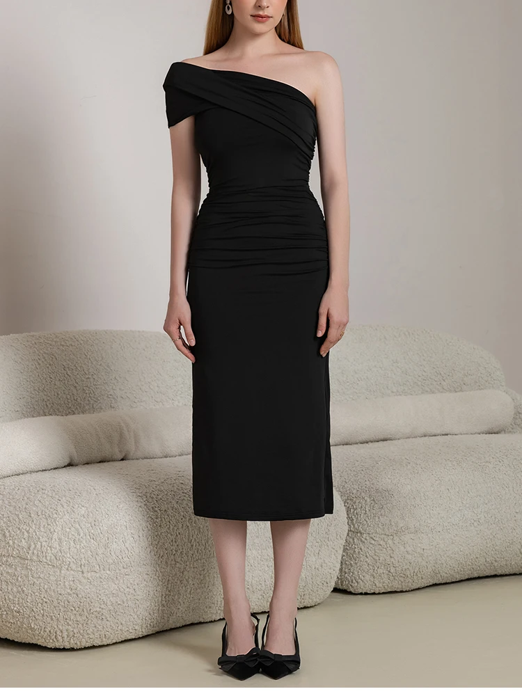 NewAsia – robe asymétrique épaule dénudée pour femmes, Double couche, sans manches, moulante, plis asymétriques, robe de soirée élégante, nouvelle collection été 2025