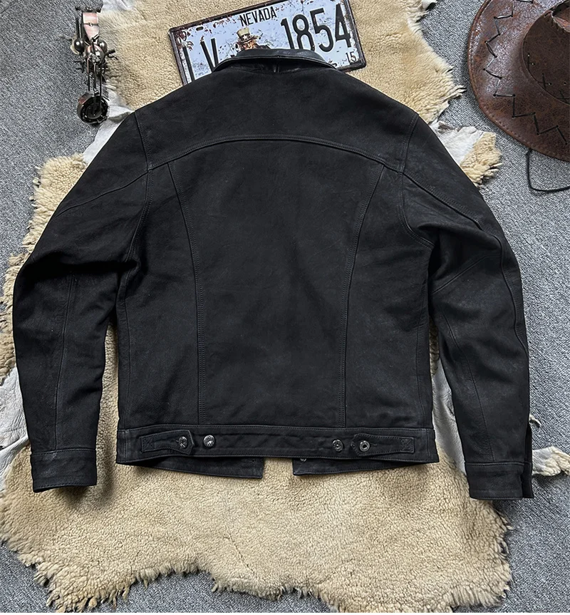 Retro Black Spring Leather Jacket Men Denim Style Plus Size 4XL Genuine Natural Sheepskin Single Breasted Leather Coat
