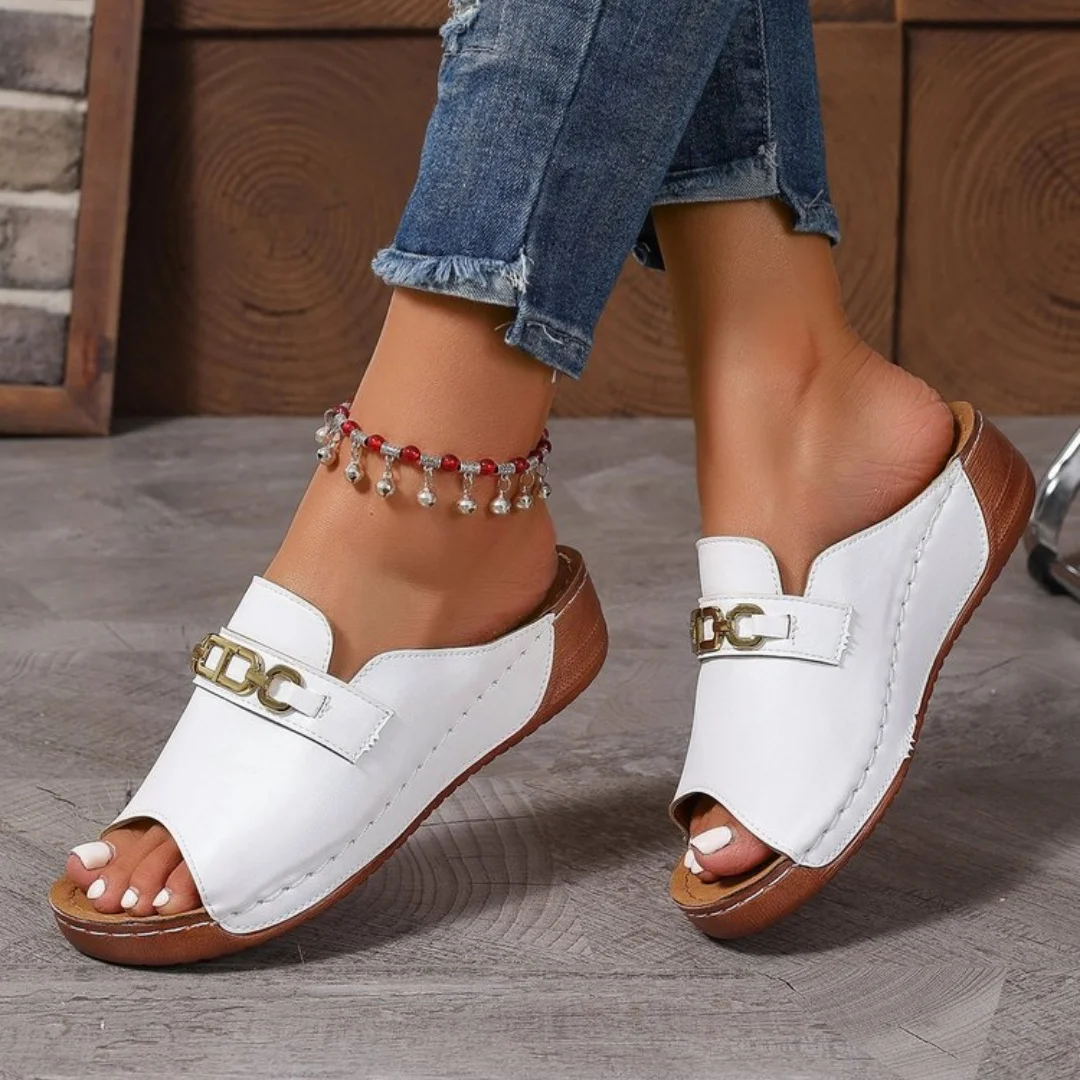 

Women's Slippers Summer New Fashion Metal Button Slides Shoes Wedge Beach Sandals Women Outside Platform Leisure Women Slippers