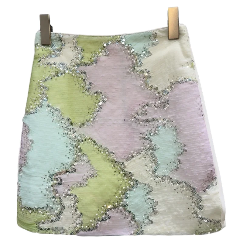 2025 Summer New Temperament Socialite Pearl Bead Sequins Contrasting Short Skirt High Waist Slim A Word Mini Skirt for Women