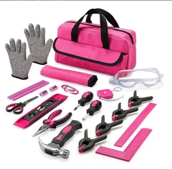 25Piece Kids Tool Set with Real Hand Tools, Pink Durable Storage Bag, Children Learning Tool Kit for Home DIY and Woodworking