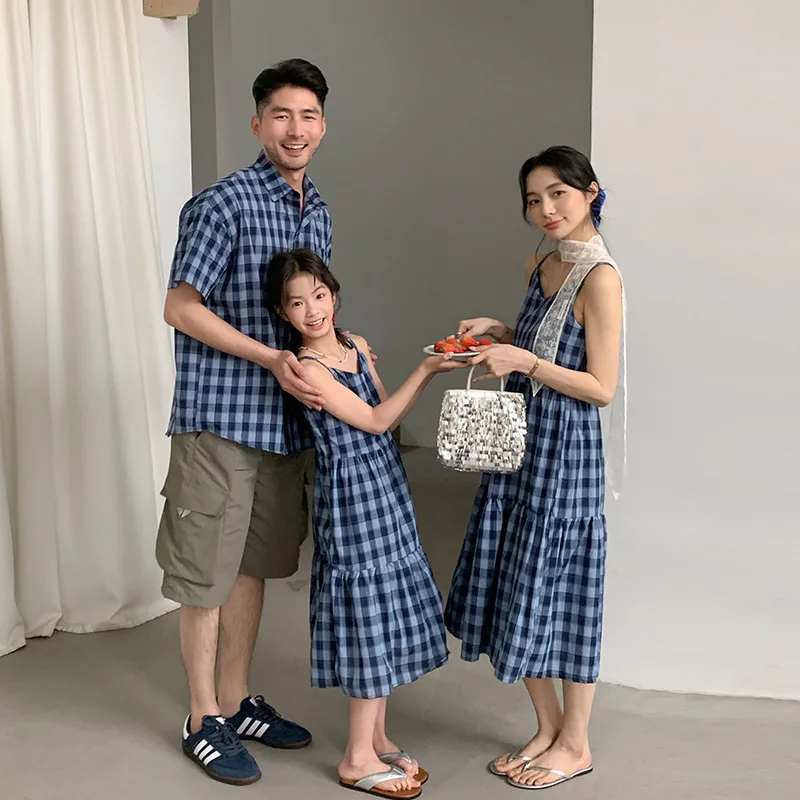 

2026 Summer Family Matching Outfits Blue Gingham Plaid Shirt & Cami Tiered Dress For Mom Dad Kids Casual Beach Wear
