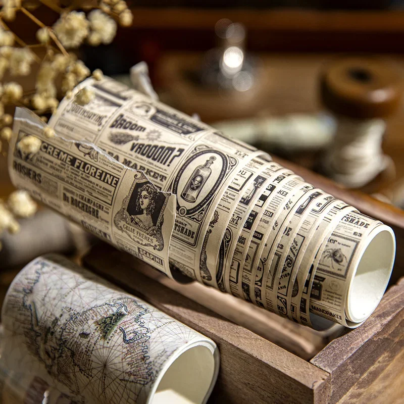 4Roll Per Pack Box Tape DIY Retro Time English Alphabet Map Paper Stationery Stickers Packing Scrapbooking Handbook Material 2M
