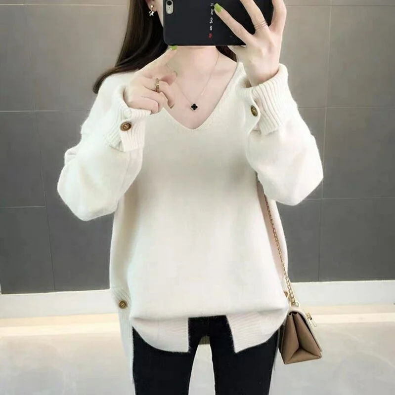Oversized Autumn Winter Korean Women's Sweater Loose Knitted Jumper V Neck Long Sleeve Top Female Thick Warm Pullover Knitwear