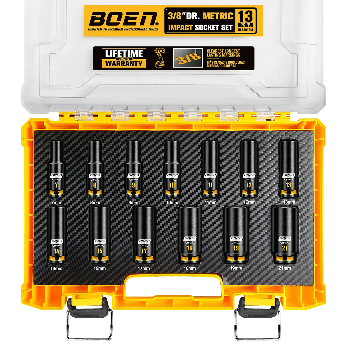 

boen 13PCS 7mm-21mm 3/8” Drive Metric Socket Set, Impact Deep Socket, 6-Point with Yellow Embossed Marking
