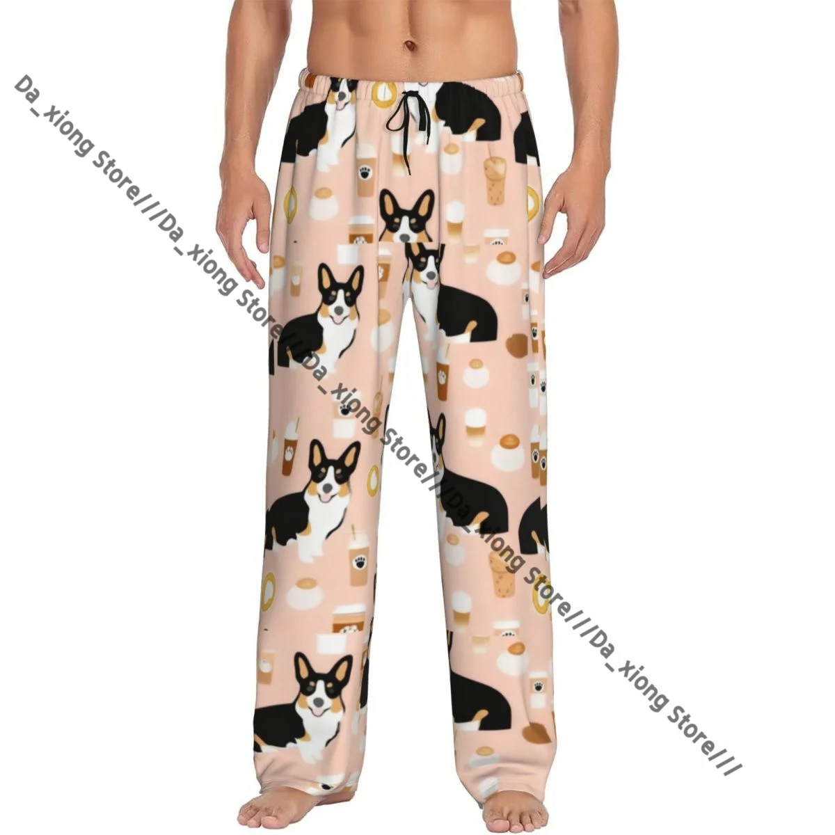 

Мужские повседневные пижамные брюки с эластичным поясом, свободного кроя, с принтом милых собак с напитками, уютная домашняя одежда для сна и отдыха