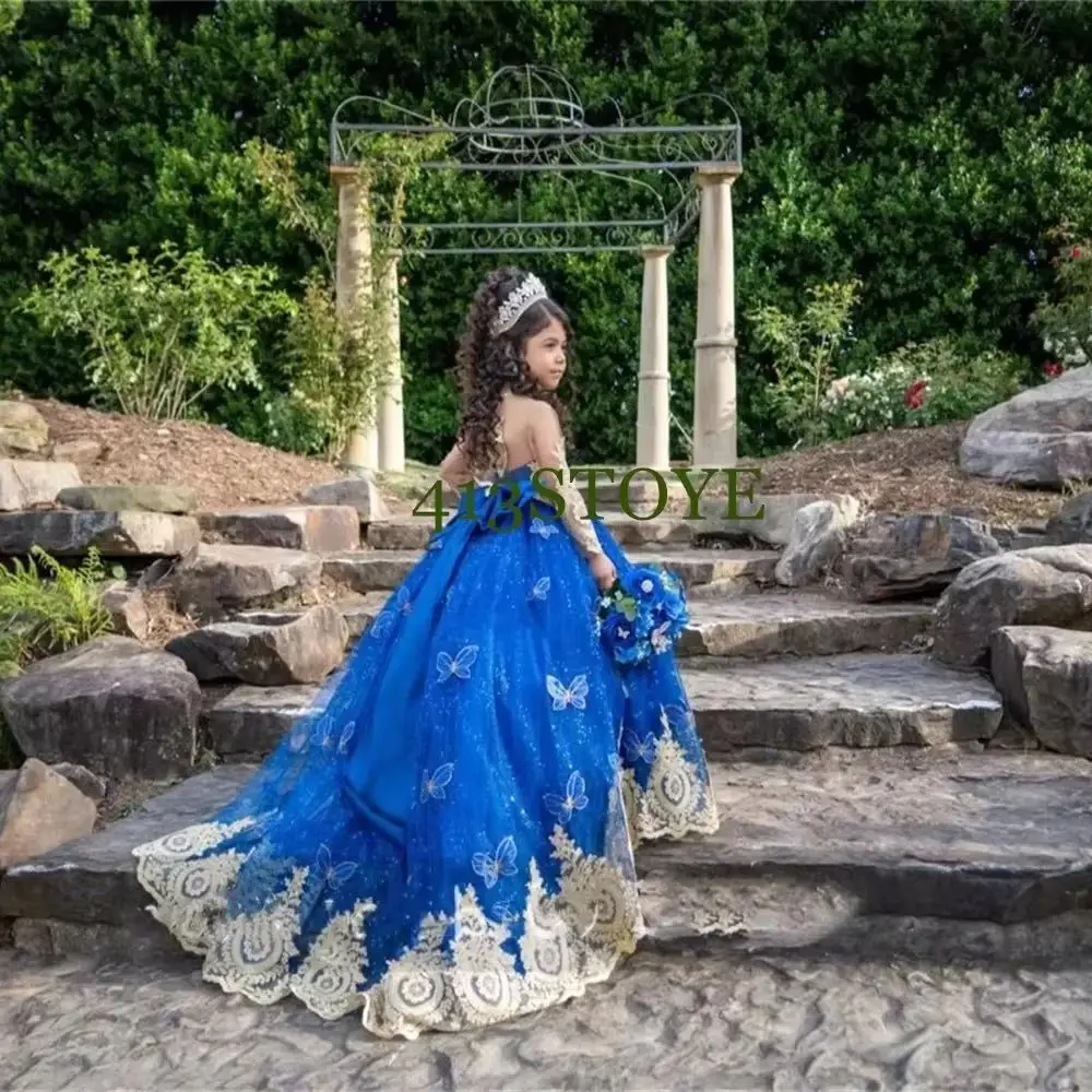 

Beauty Princess Wedding Flower Girls Dress Royal Blue With Bow Princess Ball Gown Buttterfly Lace Applique Beads Child