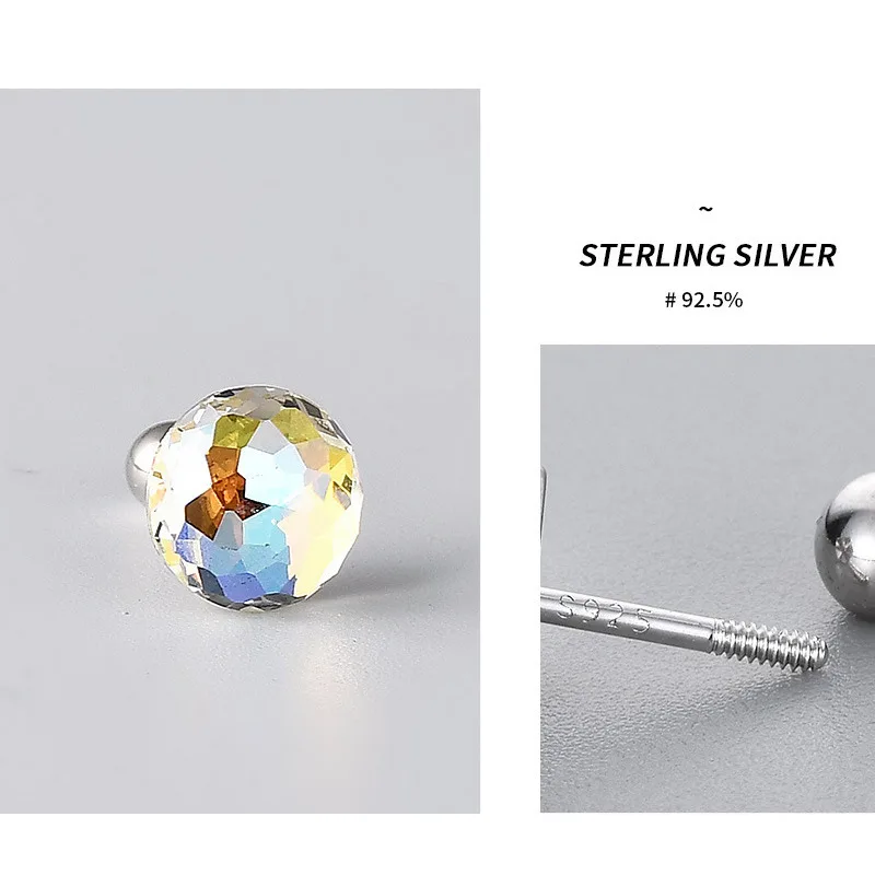 925 Sterling Silver Crystal Round Shape Color Stud Earrings for Girls Shiny Ear Bone Nail Screw Earring Ladies Luxury Jewelry