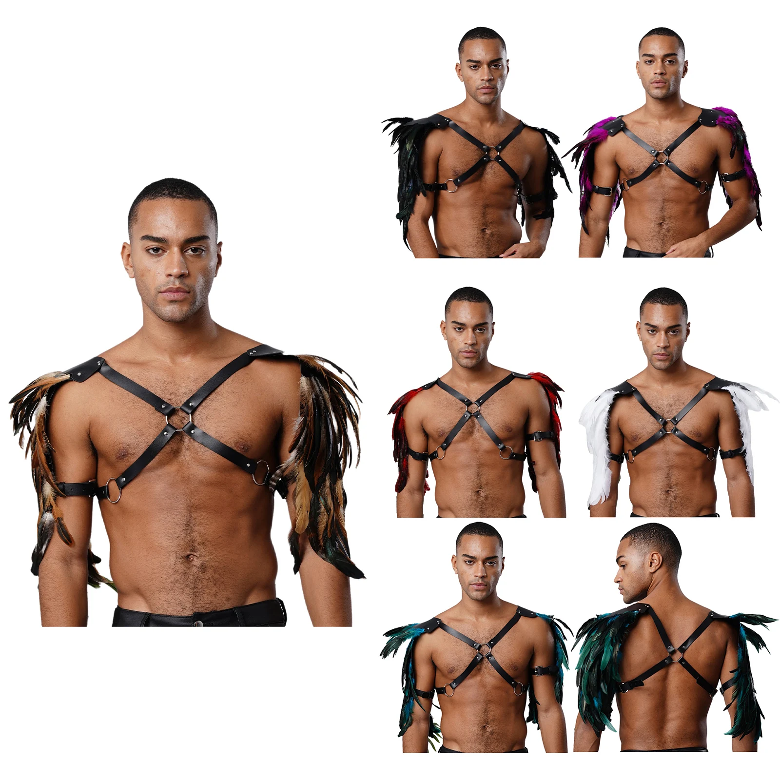 Armure d'épaule en plumes pour hommes, Punk médiéval, Rivets en cuir PU, joint torique, sangle de poitrine gothique Viking, harnais, accessoire de Cosplay d'halloween