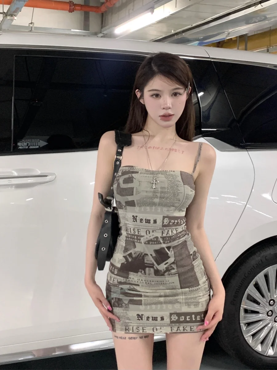 Sexy American Sle ort Dr Women's Tight Fit Bodycon Summer New Design Newspaper Print Hot Girl  Skirt One oulder
