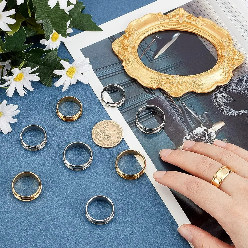 12pcs 2 Colors 6 Sizes Stainless Steel Grooved Finger Ring Metal Rings Wedding Rings Core Blank for Inlay Ring making kit