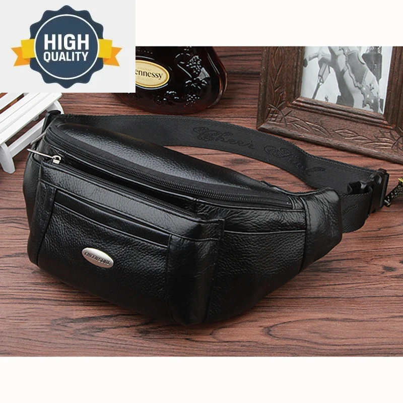 

Waist Genuine Leather Fanny Pack Belt Bag For Men Travel Male Real Cowhide Cross Body LoopSling Chest Hip Bum Bags Purse