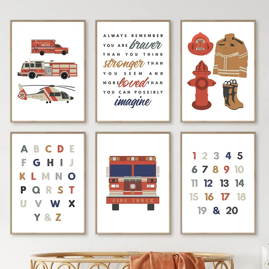 

Fire Truck Ambulance Rescue Copter Number Alphabet Wall Art Canvas Painting Nordic Posters Prints Wall Pictures Kids Room Decor